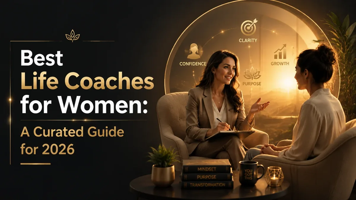 Coach and client in conversation beside a golden ring of confidence, clarity, purpose and growth icons