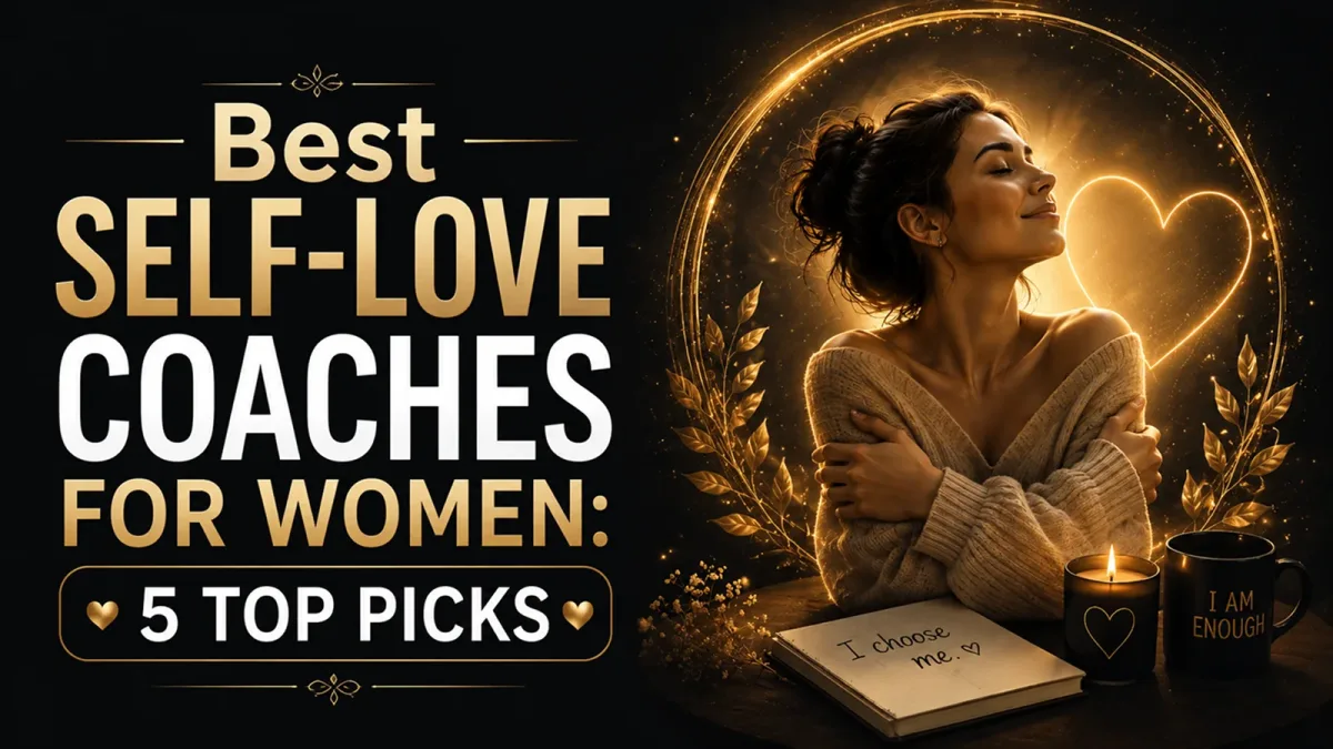 Woman hugging herself beside a glowing heart, a candle and a notebook reading “I choose me”