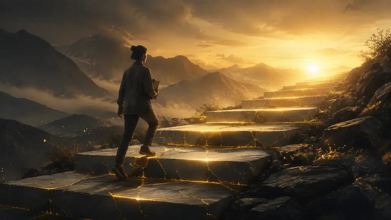 Woman climbing lit stone steps at sunrise while building self-trust and confidence