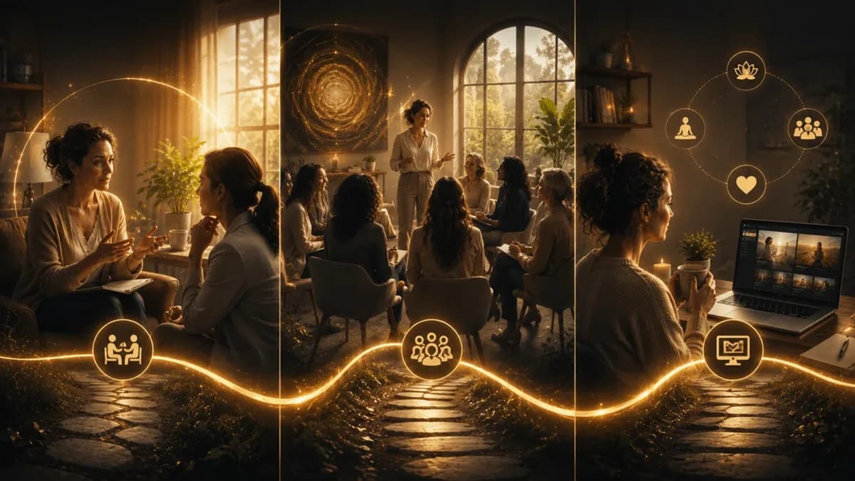 Three panels showing a one-to-one coaching session, a group circle, and a woman working through an online membership at home