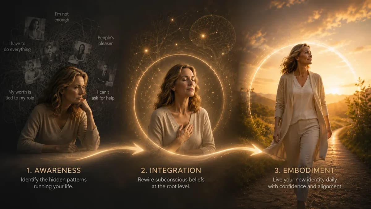Three-panel sequence showing the awareness, integration and embodiment phases of subconscious coaching