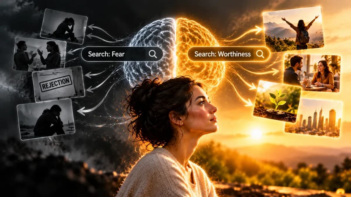 Woman gazing upward beneath a split brain, one side running a Search: Fear that pulls up dark images of conflict and rejection, the other a Search: Worthiness that pulls up bright images of connection, growth and success