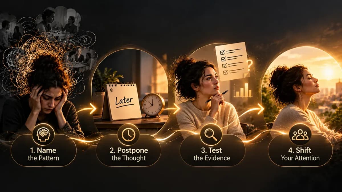 Four-step sequence of a woman moving from head in hands amid tangled thoughts, to a desk calendar reading Later, to checking a list against evidence, to looking calmly at a sunset, labelled Name the Pattern, Postpone the Thought, Test the Evidence, Shift Your Attention