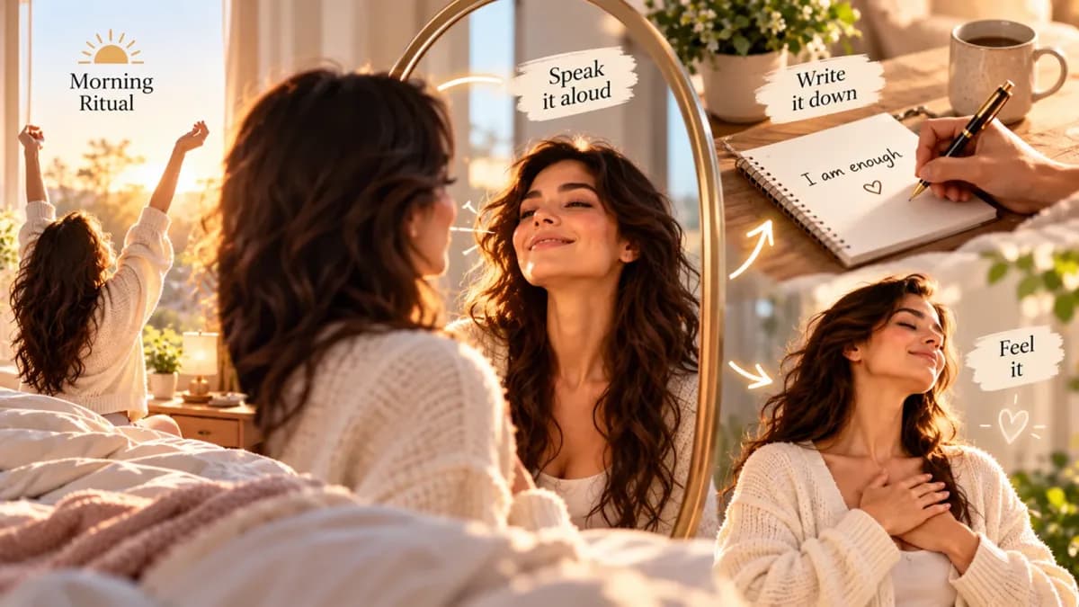 Morning ritual collage of a woman stretching at a sunlit window, smiling into a mirror to speak it aloud, writing "I am enough" in a notebook, and resting a hand on her chest to feel it