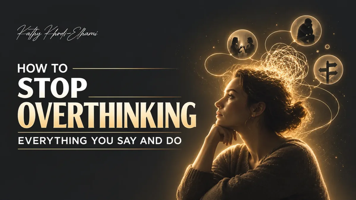 Woman resting her chin on her hand in thought, tangled golden lines rising from her head toward bubbles showing a conversation, a figure with head in hands and a crossroads signpost
