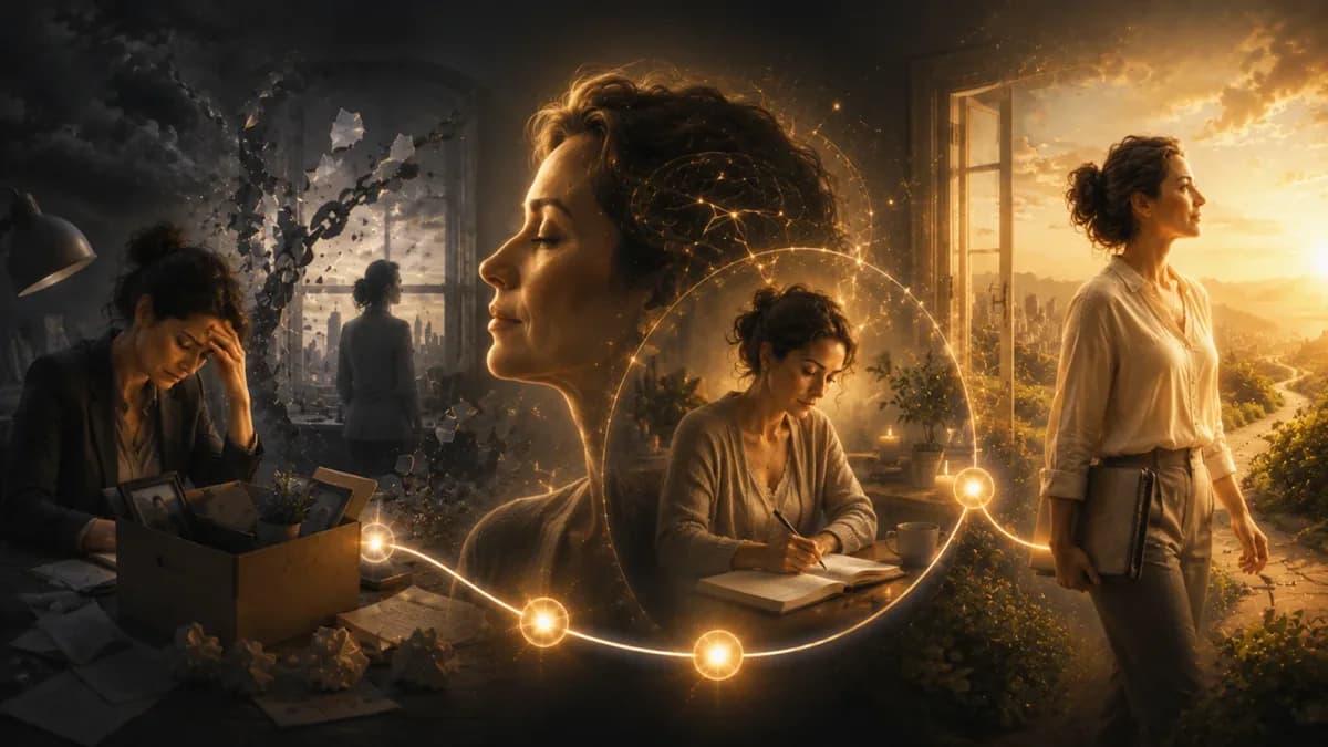 Woman moving from a dark desk packing a box, through a ring of golden light while journaling, to standing in warm sunlight