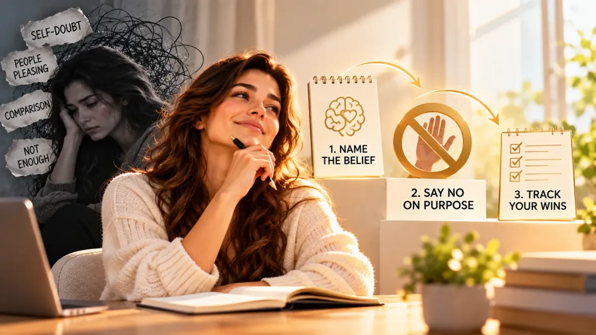 Smiling woman with a pen and journal beside three steps, name the belief, say no on purpose, track your wins, with a greyscale version of her behind labelled self-doubt, people pleasing, comparison and not enough
