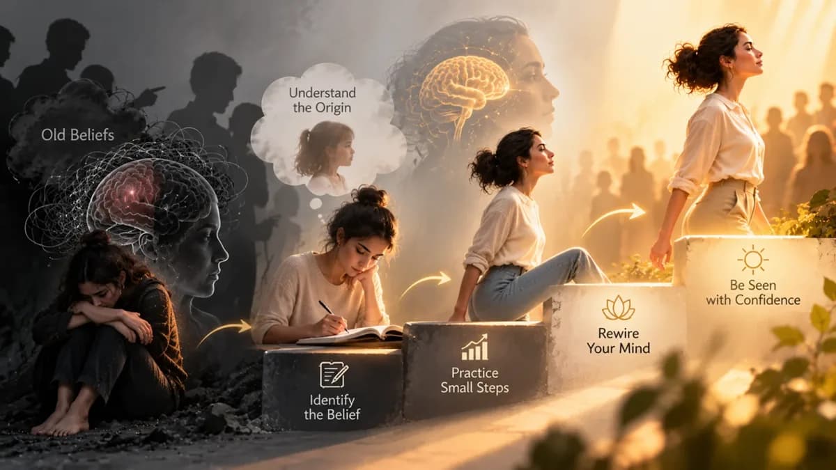 A woman climbing a staircase from huddled among shadowy figures to standing tall in warm light, with steps labelled Identify the Belief, Practice Small Steps, Rewire Your Mind and Be Seen with Confidence