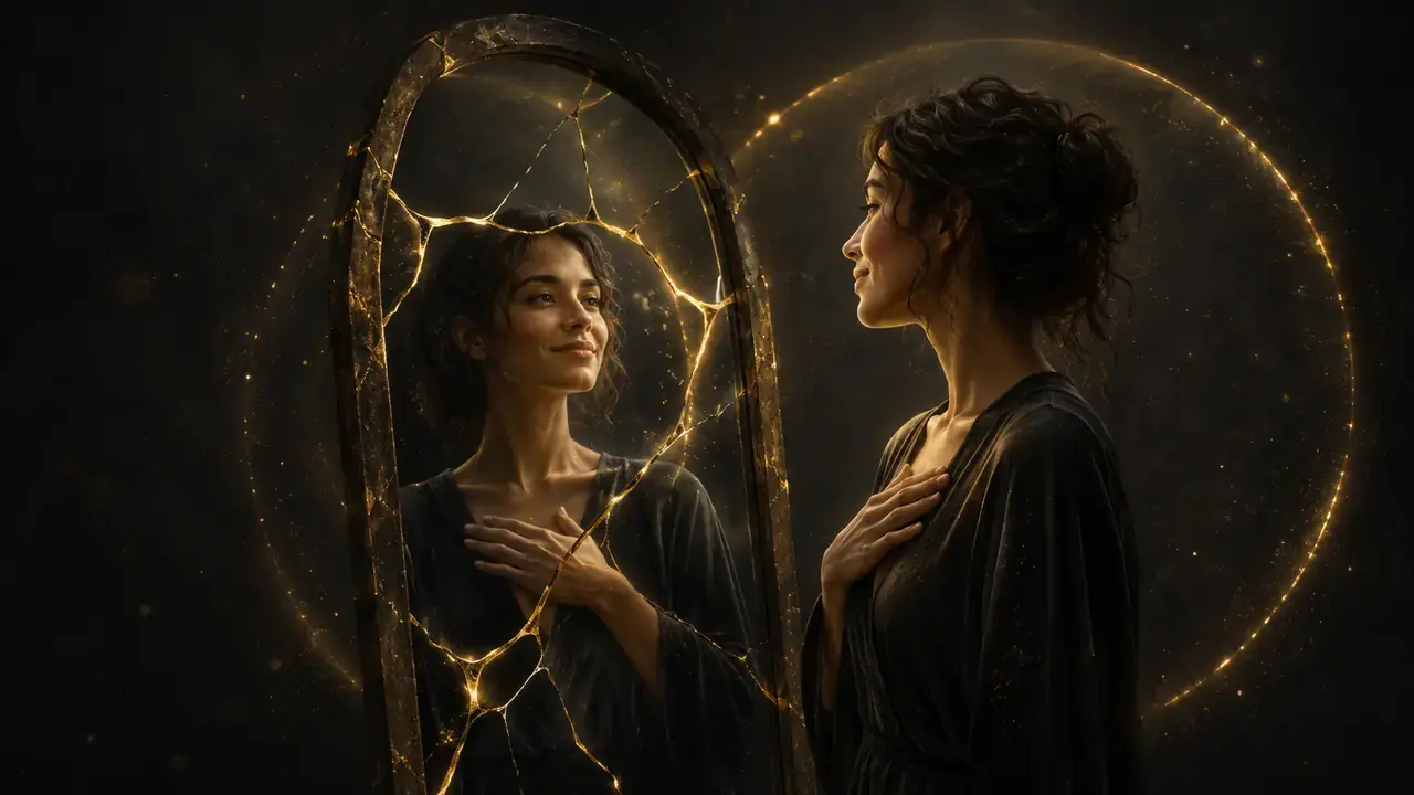 Woman meeting her own reflection with self-love and self-acceptance
