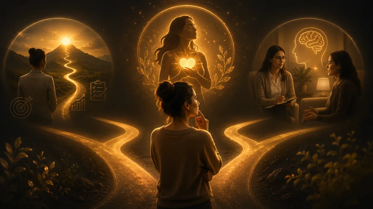 Woman standing at a fork in a glowing path, with goal-focused coaching on one side and a therapy session on the other