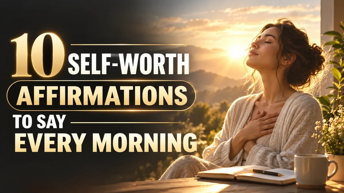 Woman with eyes closed and a hand on her chest at sunrise, an open journal and coffee mug on the table beside her