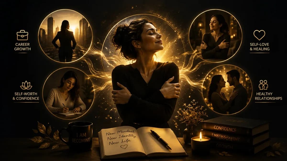 Woman embracing herself in golden light, framed by career growth, self-love, self-worth and relationship scenes above a journal reading “New Mindset, New Identity, New Life”