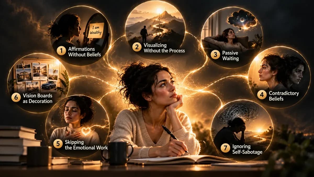 Woman writing in a journal at the centre of seven glowing circles labelled Affirmations Without Beliefs, Visualizing Without the Process, Passive Waiting, Contradictory Beliefs, Skipping the Emotional Work, Vision Boards as Decoration and Ignoring Self-Sabotage
