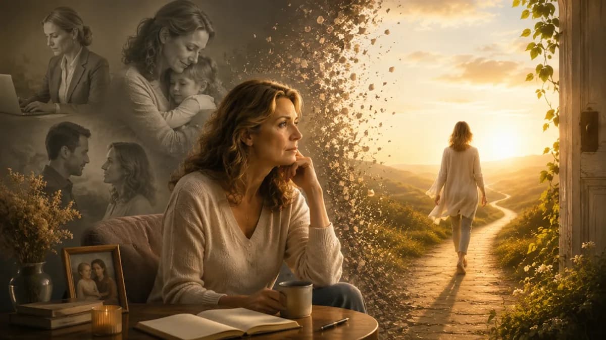 Woman seated with a journal as faded scenes of her past roles dissolve behind her and a figure walks toward a sunlit path