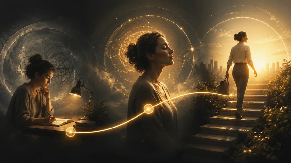 Three-panel sequence of a woman journaling, then centred in a glowing network of light, then climbing steps toward a sunlit city