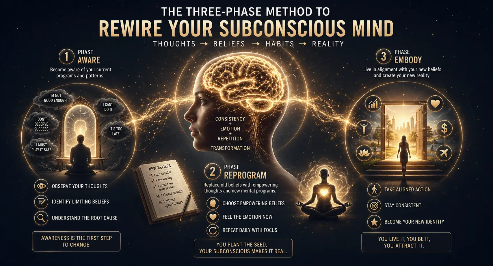 The three-phase method to rewire your subconscious mind — Awareness, Reprogramming, Integration