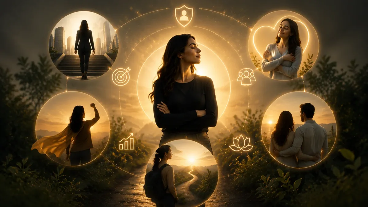 Woman standing with arms crossed, ringed by scenes of career progress, self-love, relationships and a path toward sunrise