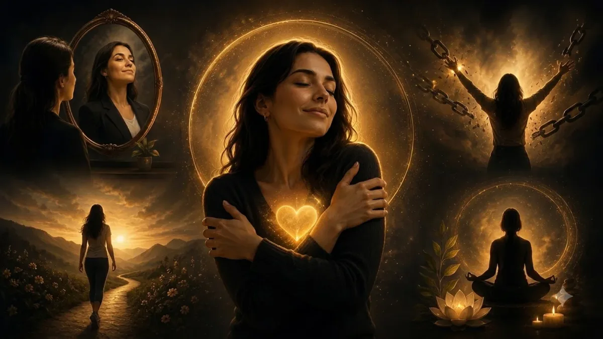 Woman embracing herself with a glowing heart, surrounded by scenes of mirror self-acceptance, breaking chains, meditation and walking toward sunrise