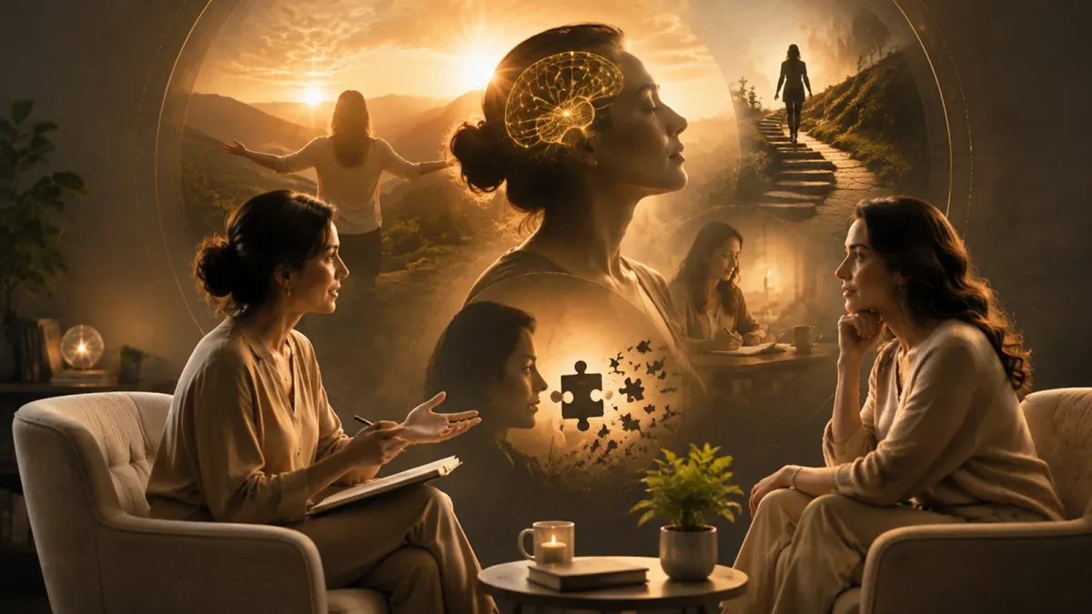 Two women in a coaching session with scenes of open-armed release, a lit-up mind, a puzzle piece and a woman climbing a stone path behind them