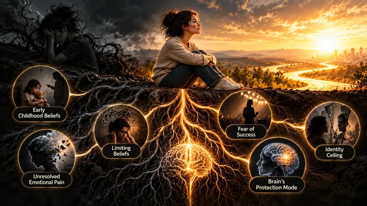 Woman sitting on a hillside above glowing roots that branch down to circles labelled Early Childhood Beliefs, Limiting Beliefs, Unresolved Emotional Pain, Fear of Success, Brain's Protection Mode and Identity Ceiling