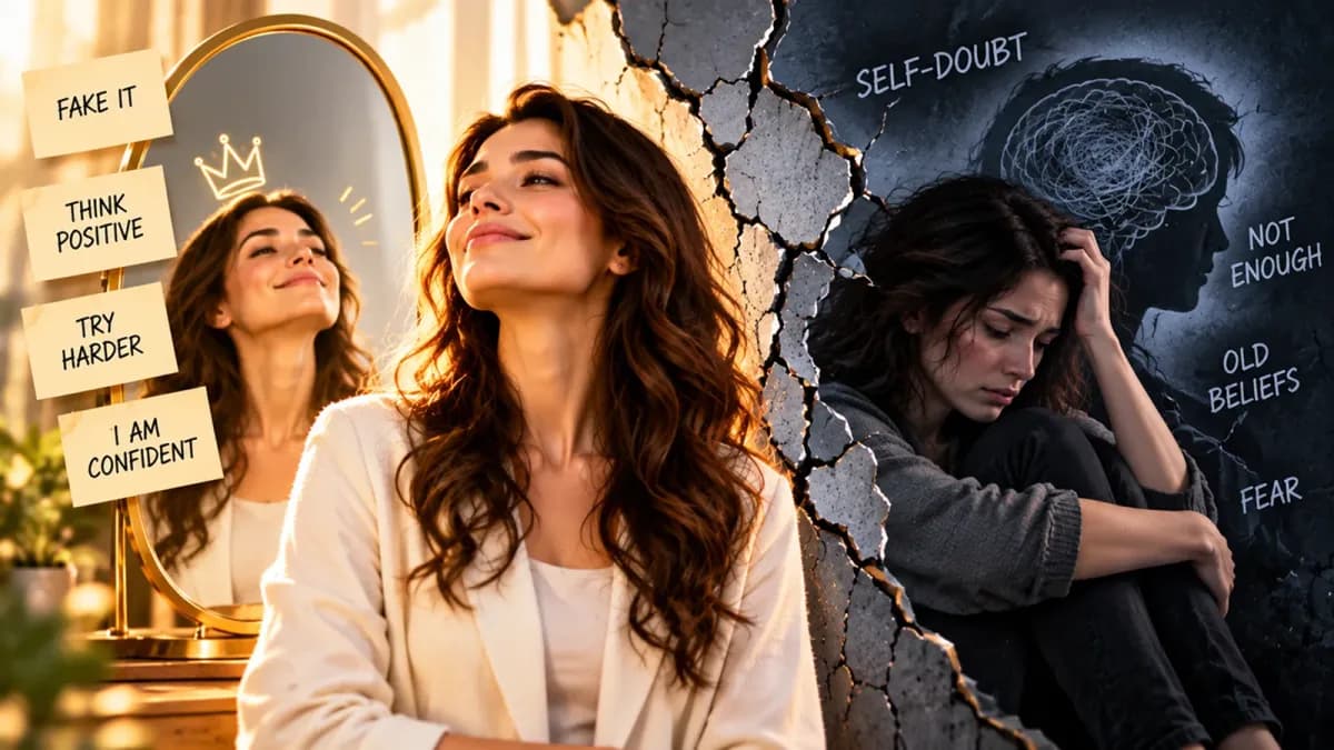 Split image of a smiling woman beside a mirror covered in notes reading fake it, think positive, try harder and I am confident, and across a cracked wall the same woman huddled under the words self-doubt, not enough, old beliefs and fear
