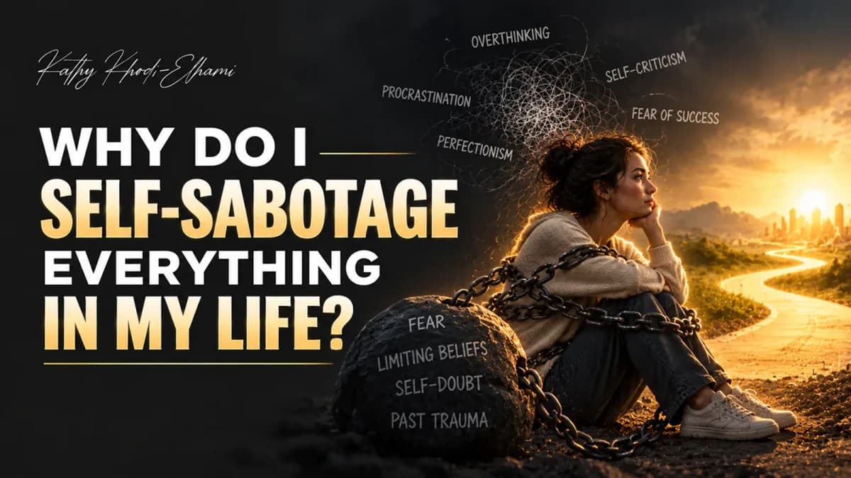 Woman sitting on the ground chained to a heavy ball labelled fear, limiting beliefs, self-doubt and past trauma, with words like overthinking and procrastination swirling above her and a sunlit path ahead