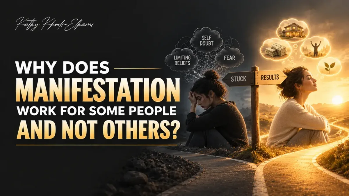 A woman sits slumped with her head in her hands beneath clouds of limiting beliefs, self-doubt and fear, while across a signpost reading Stuck and Results she sits calmly in sunlight beneath bubbles of a home, money, freedom and growth